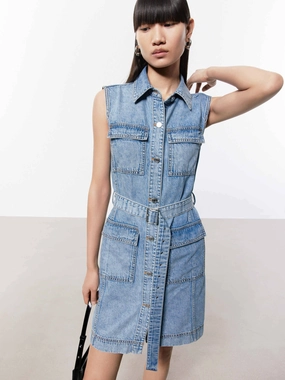 Soft Tone Belt Sleeveless Denim Dress