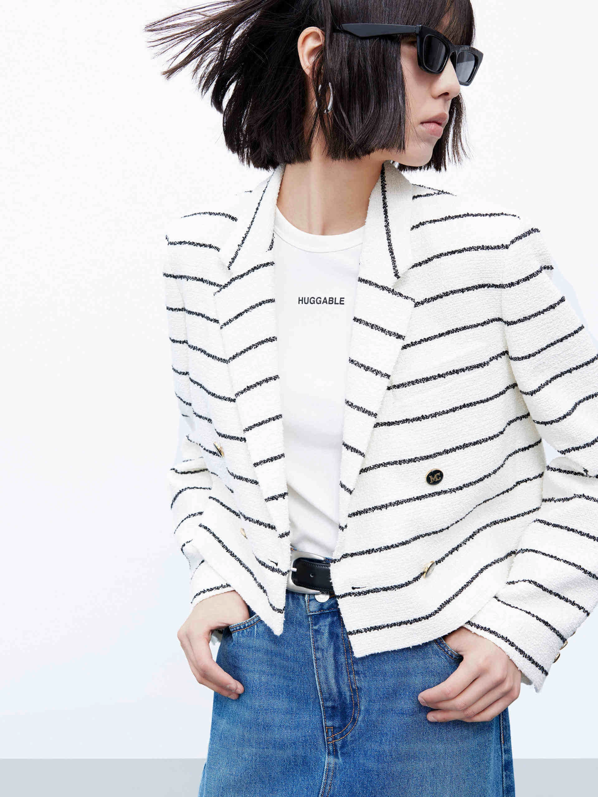 Pinstripe Cropped Blazer DualLayer Weave Flexible Knit