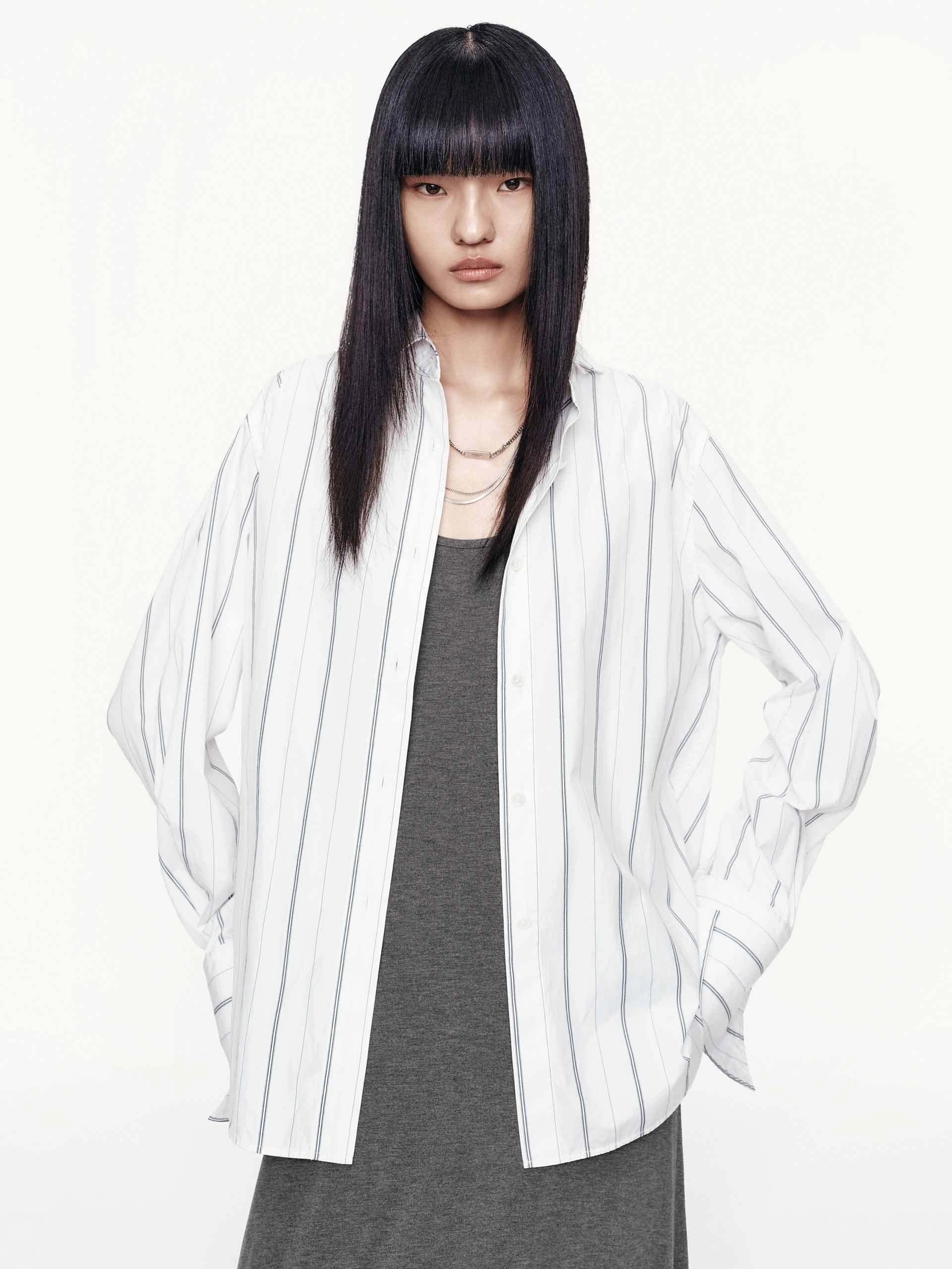 Sheer Overlay Material LayeredCuff Pinstripe Pure Cotton Shirt
