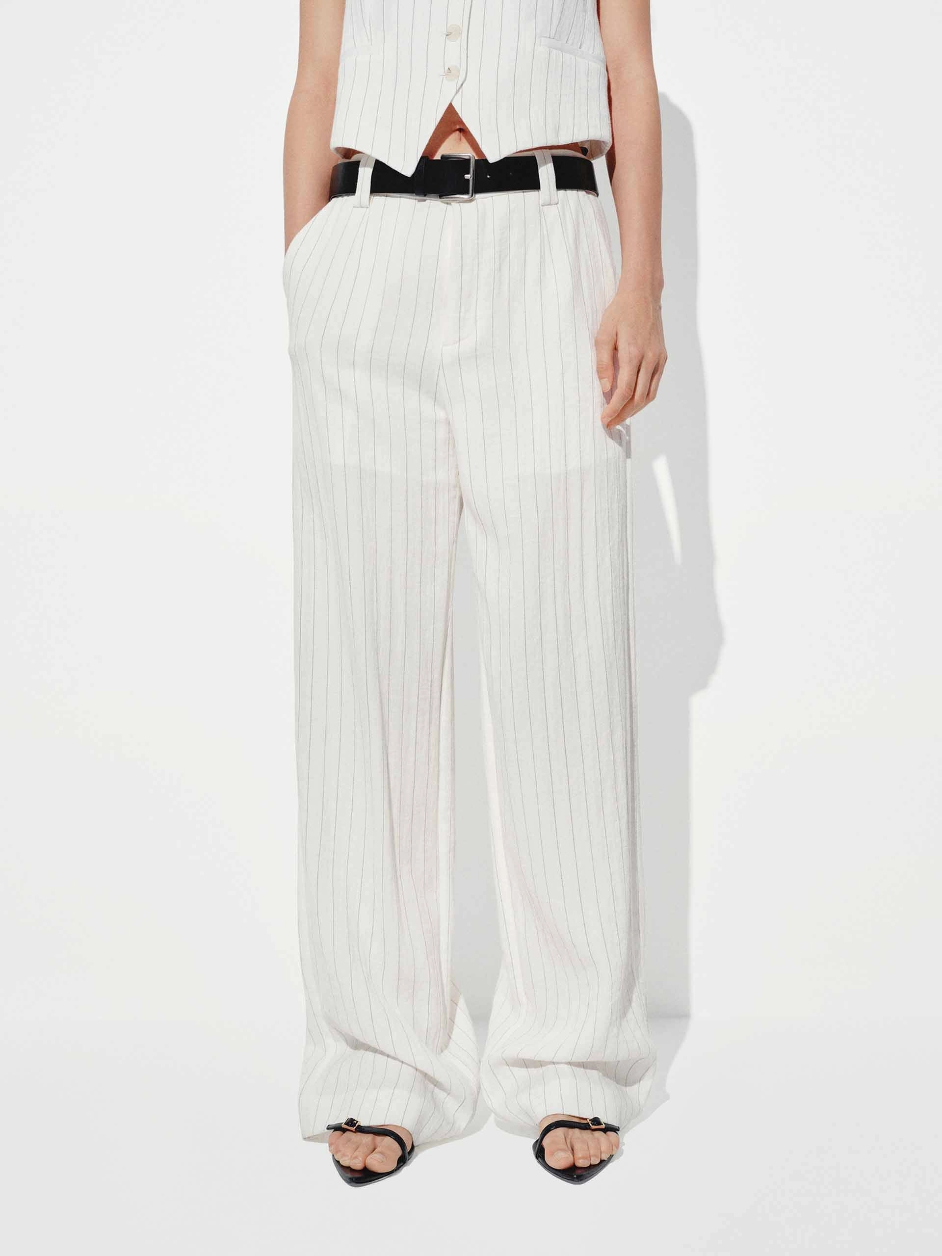 Pinstripe Straight Trousers Anti Slip Waistband Stylish Comfort