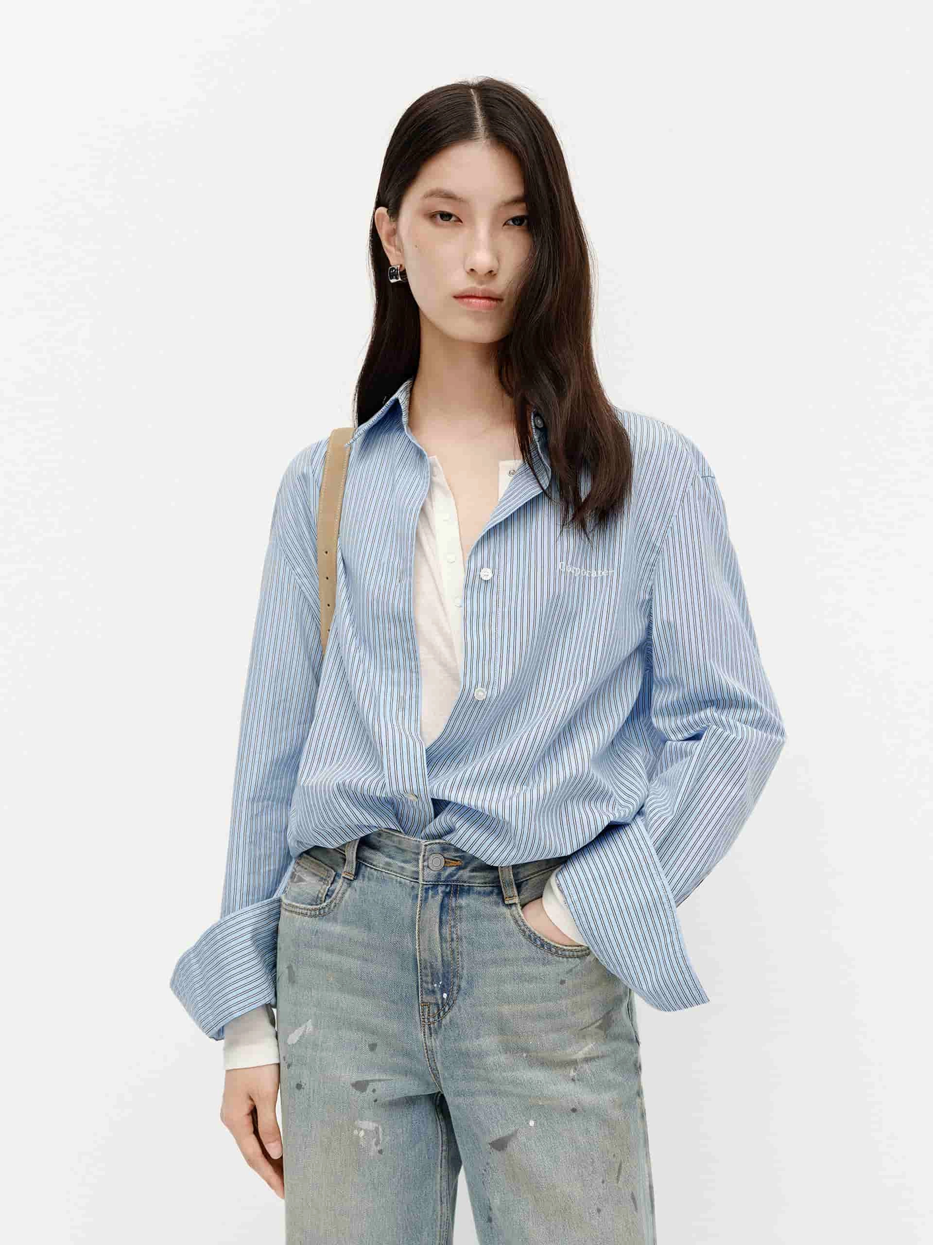 WideNeckOpening Pinstriped Cotton Shirt