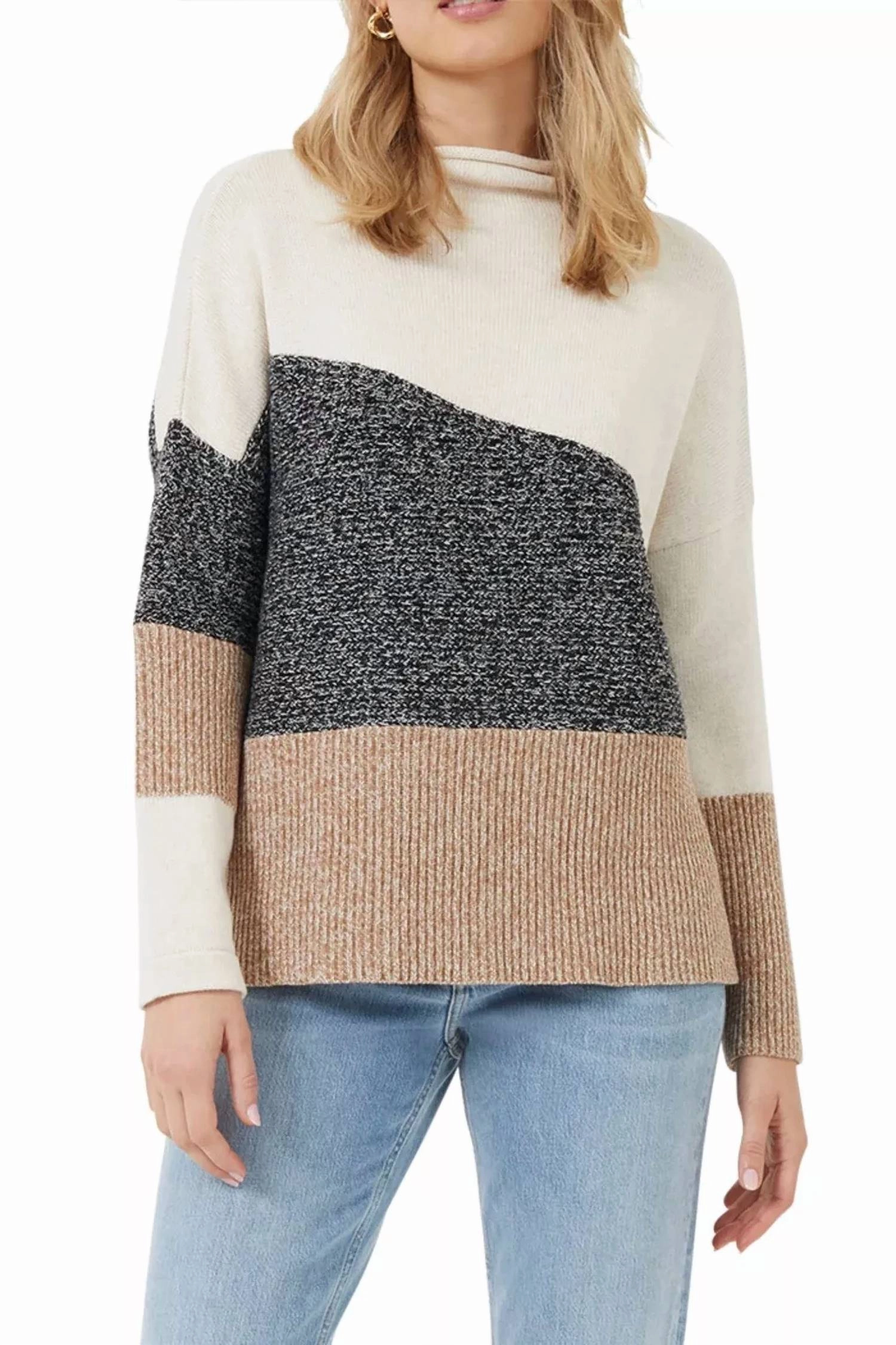 Fashion Essential Snuggly Design Lotty Color Block Knit Patch Sweater Top In Black