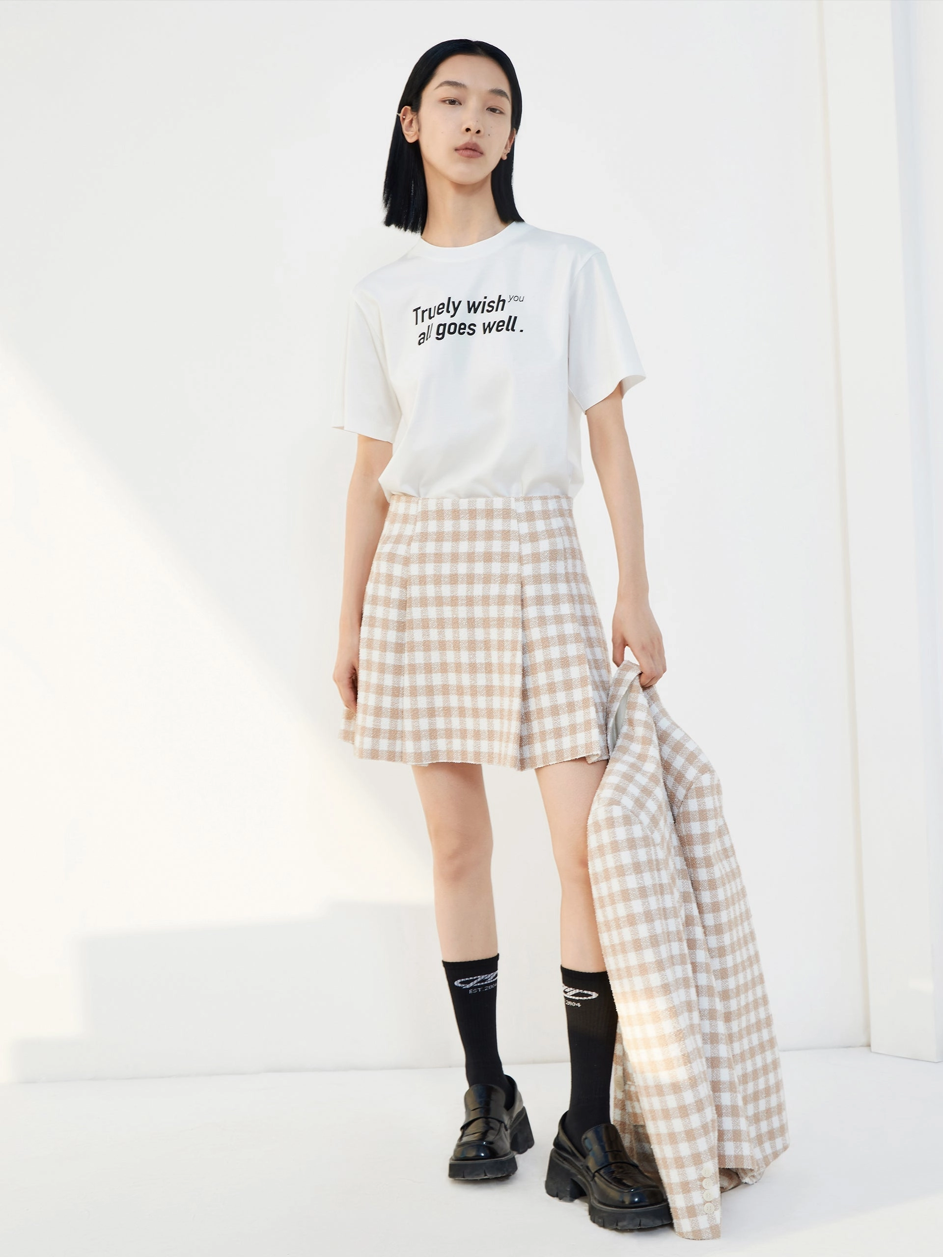 Work Comfort Relaxed Waist Pleated Checked Skirt