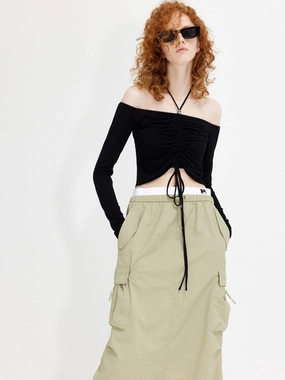 Layered Panel Design ButtonDownCollar Pleated Halterneck Top