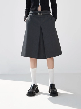 Pleated Midi Skirt with Belt BreathableLining Cozy Touch