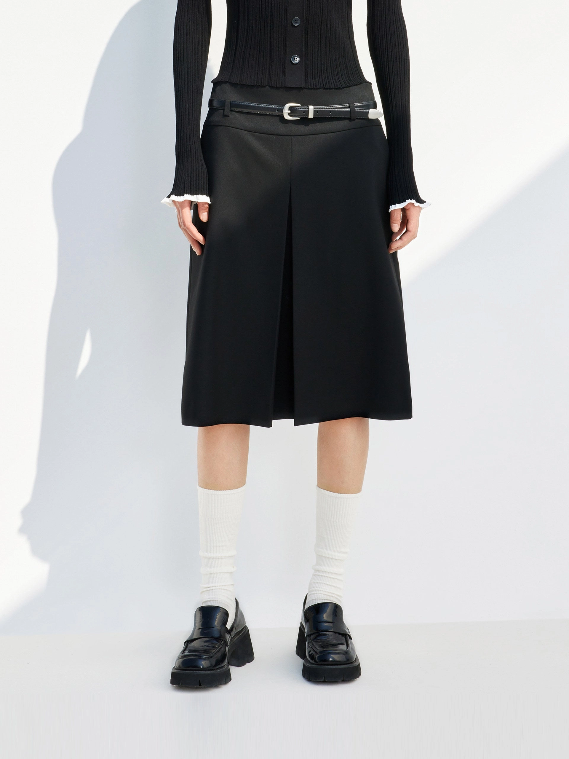 Pleated Midi Skirt with Belt Reversible design