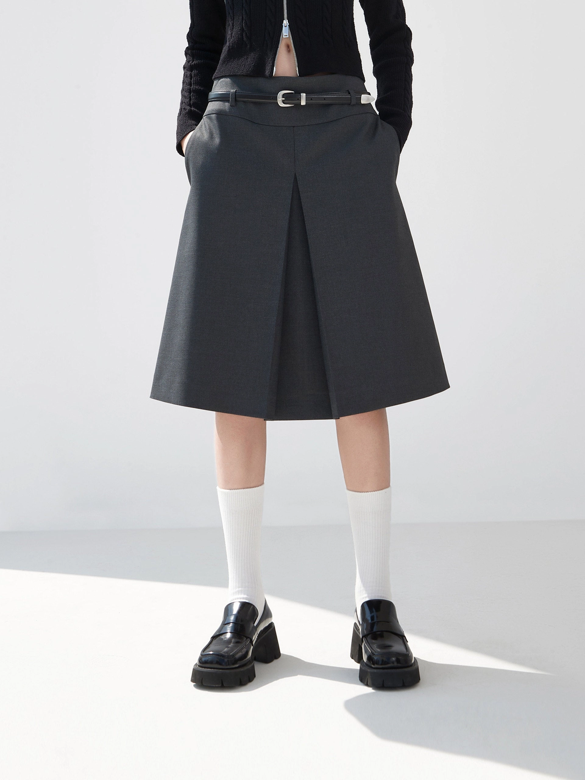 Pleated Midi Skirt with Belt Essential Comfort Wear