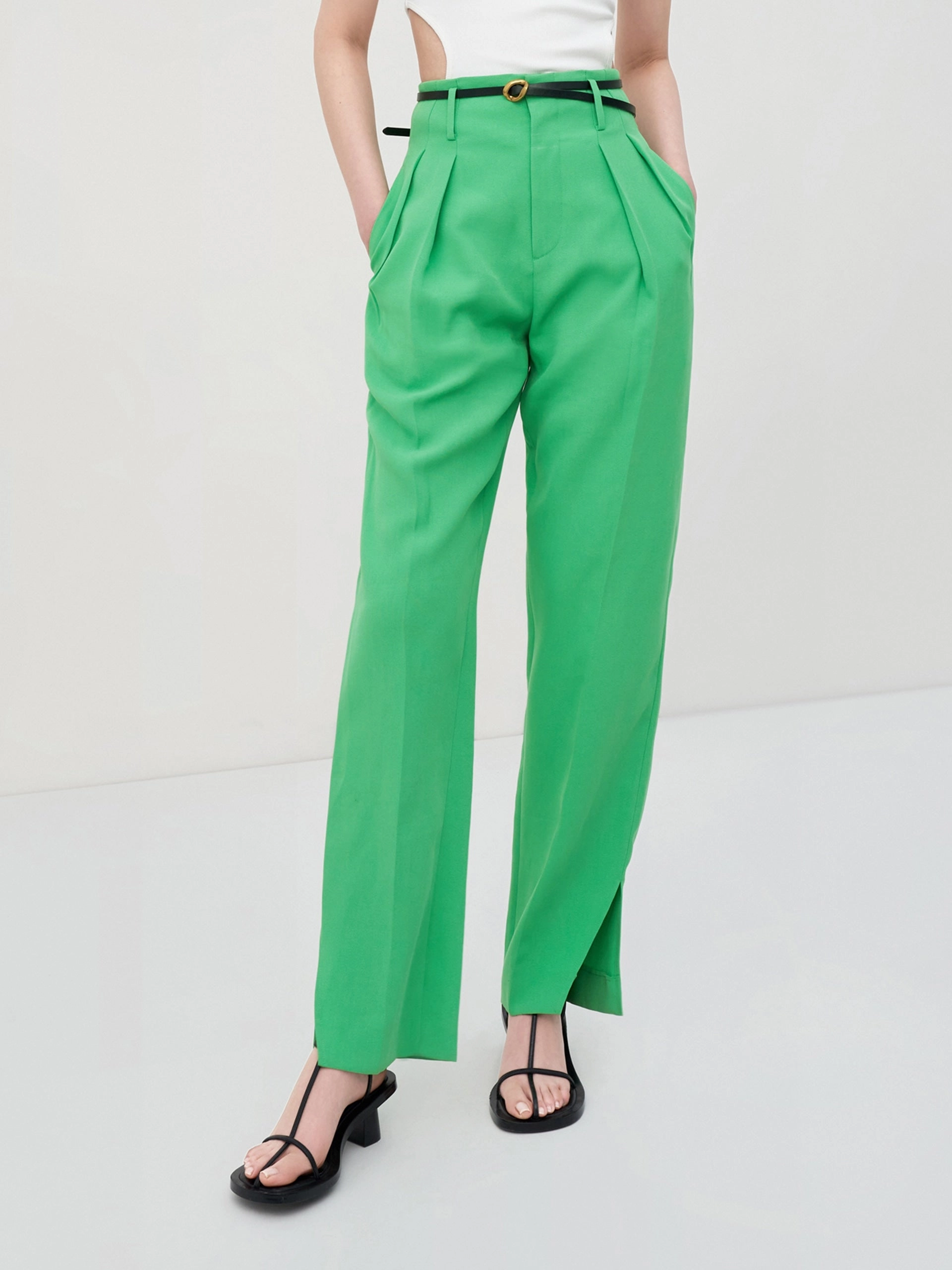 Pleated Suit Pants with Belt Soft Brush Lining