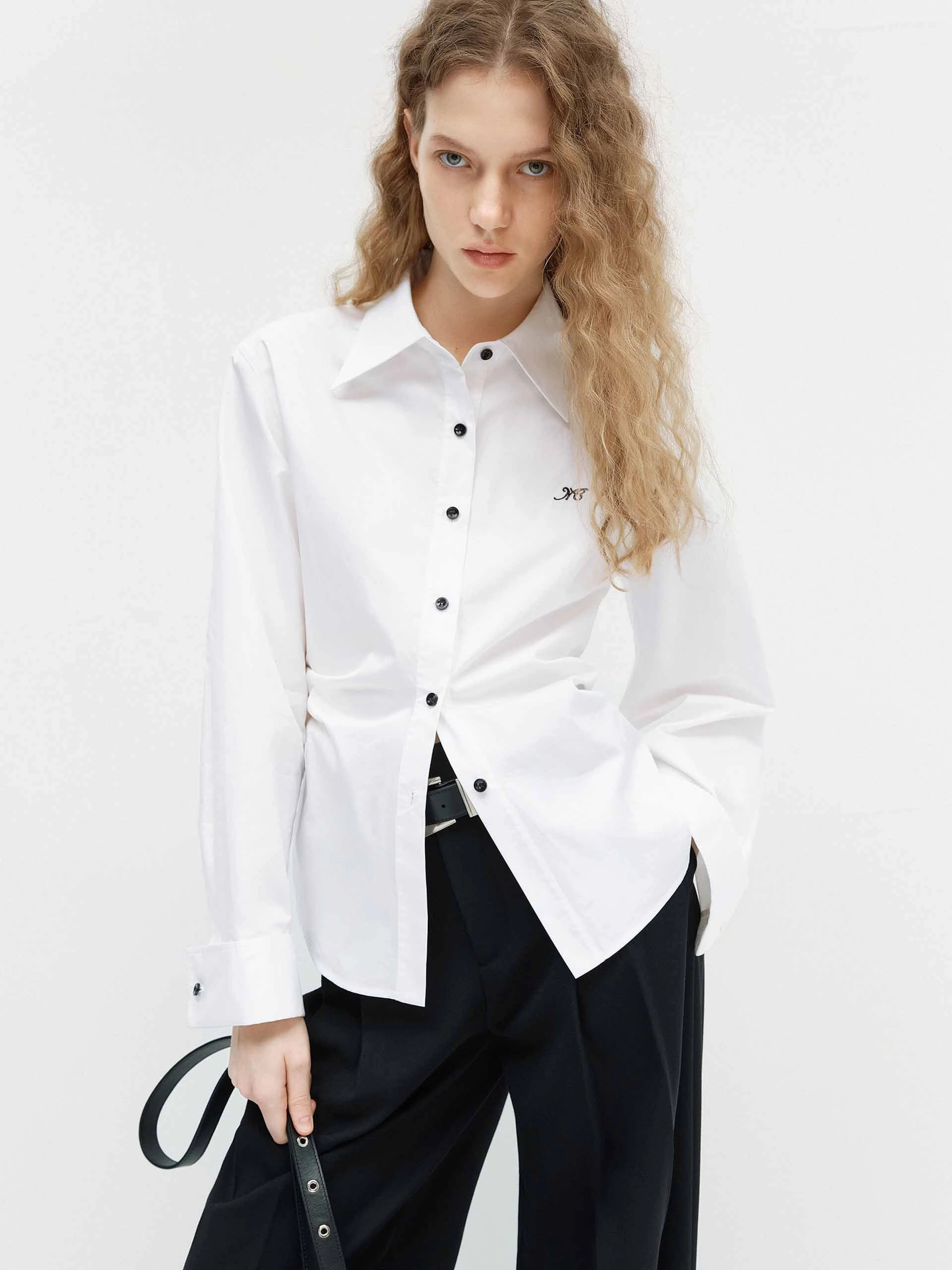 Pleated Waist Cotton Shirt Tagless Collar