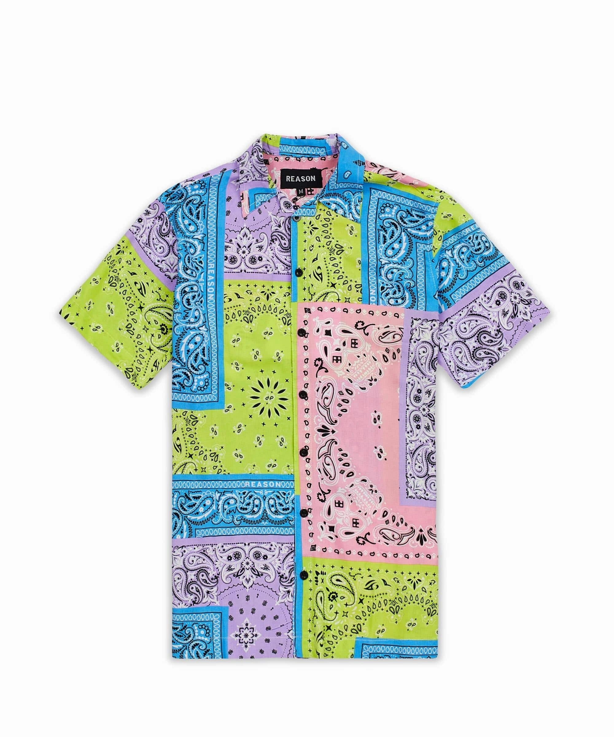Hydrophobic Threadwork Easy Care Fabric Plus Size Bandana Paisley Allover Print Short Sleeve Shirt