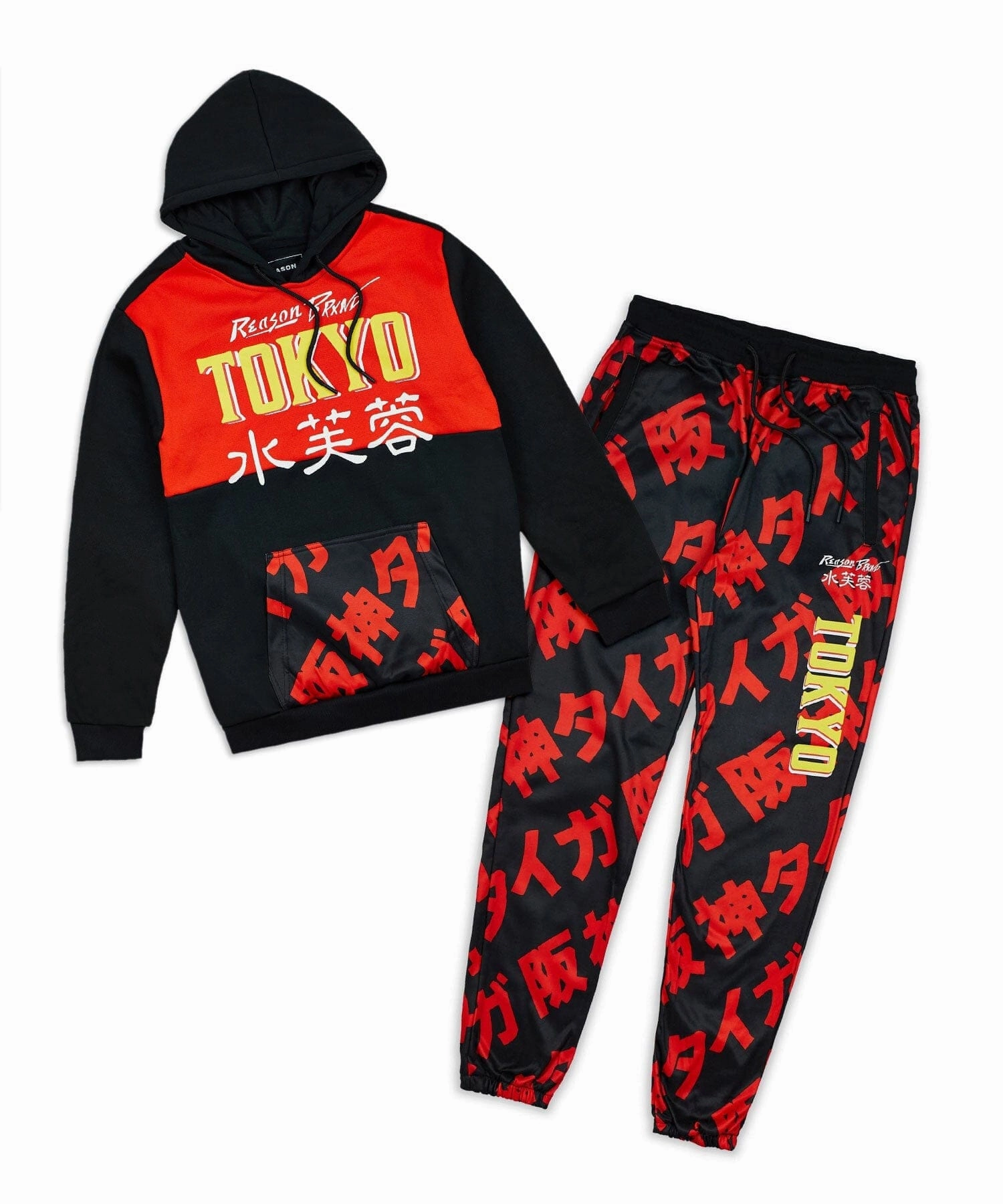 Non Restrictive Cut Slim Silhouette Plus Size Kanji Tokyo Fleece Hood Jogger Set