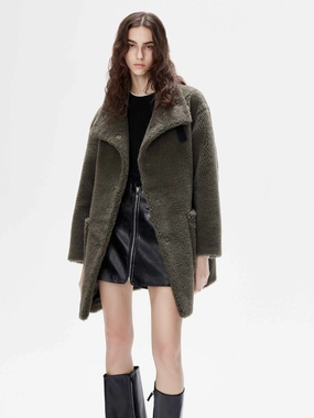 AdjustableDrawstring Stretch Waistband Design Pocket Detailed Teddy Coat