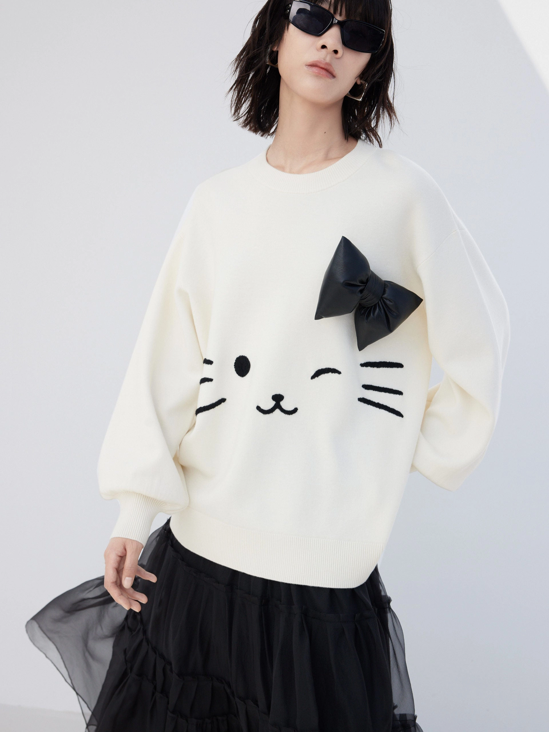 Wool Blend Detachable Bow Sweater Stretch Technology Sleeveless Tee