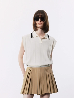 Polo Collar Sleeveless Top Ergonomic Shoulder Cut Stretch Woven Material