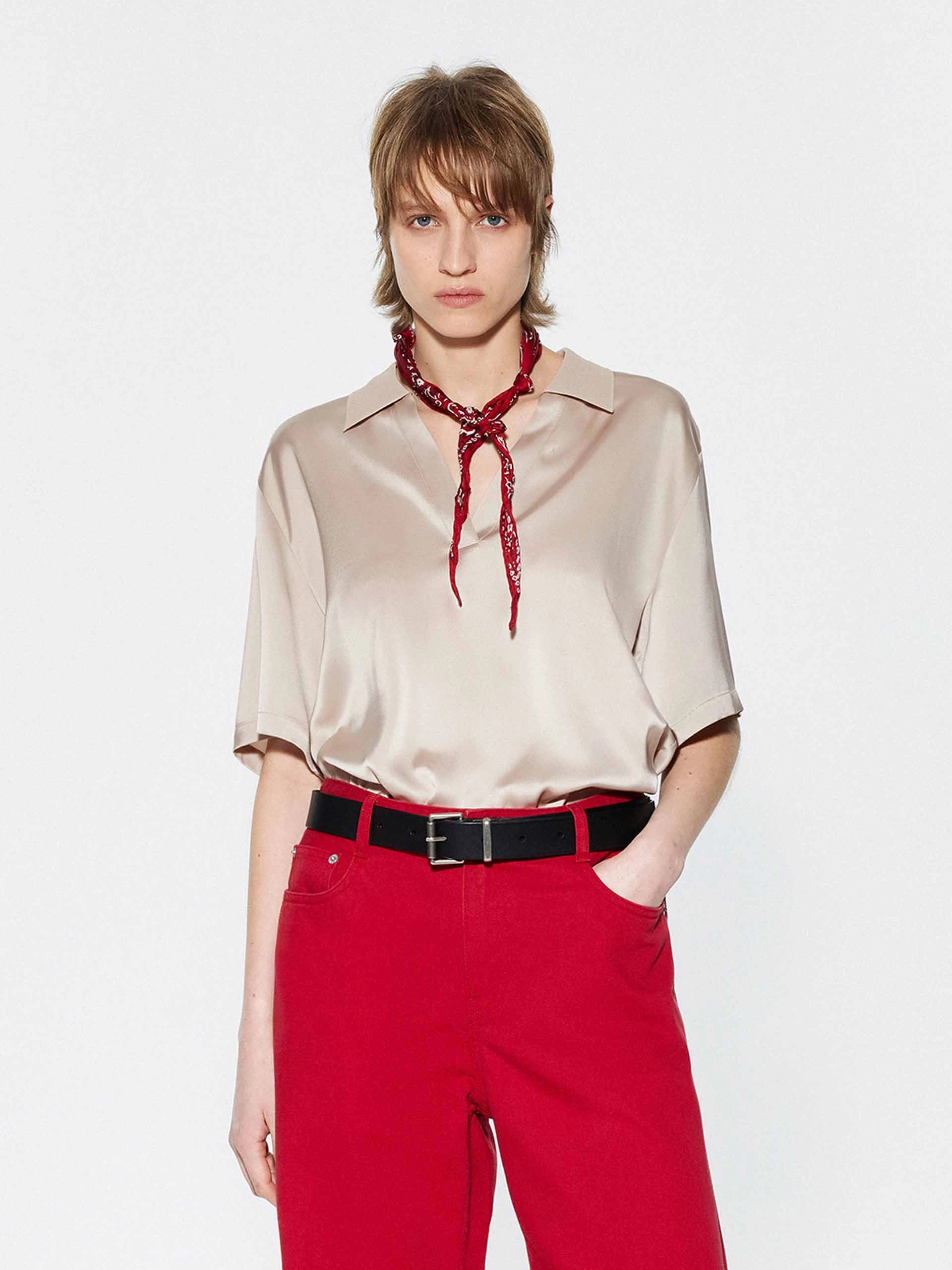 Polo V-neck Blouse RelaxedSilhouette High Collar Protection Design