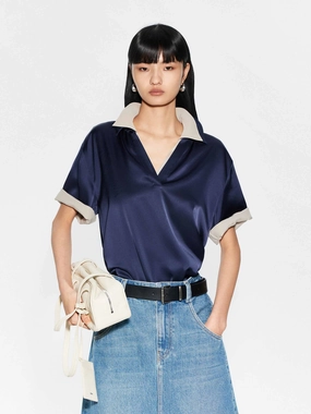 SustainableBlend EcoFriendlyTexture Polo V-neck Blouse