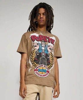 Popeye Brutus Biker Short Sleeve Tee - Khaki Textured Fabric Finish