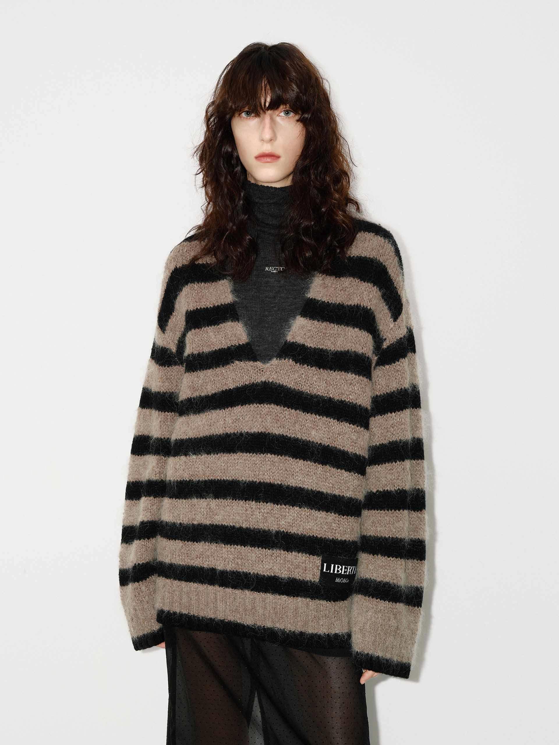 Striped V-neck Fluffy Sweater ButtonlessClosure Bonded Seam Innovation