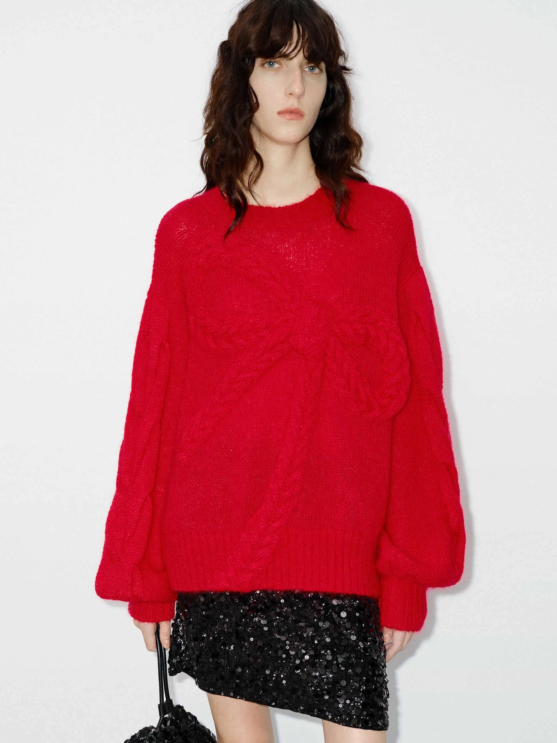 Front Bow Loose Sweater Double Layered Hem