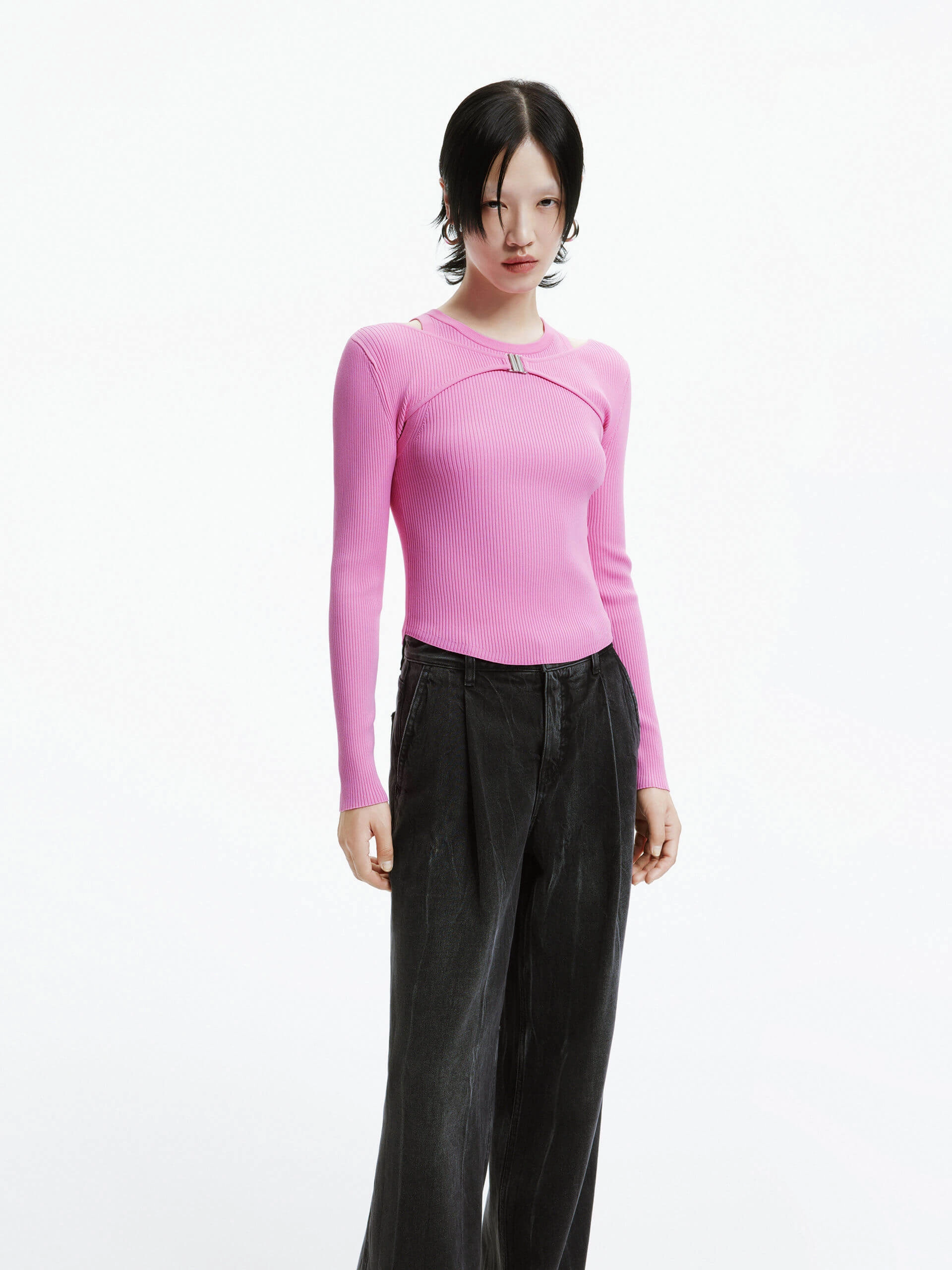 WideNeckOpening BuiltInLayer Deconstruct Ribbed Knit Top