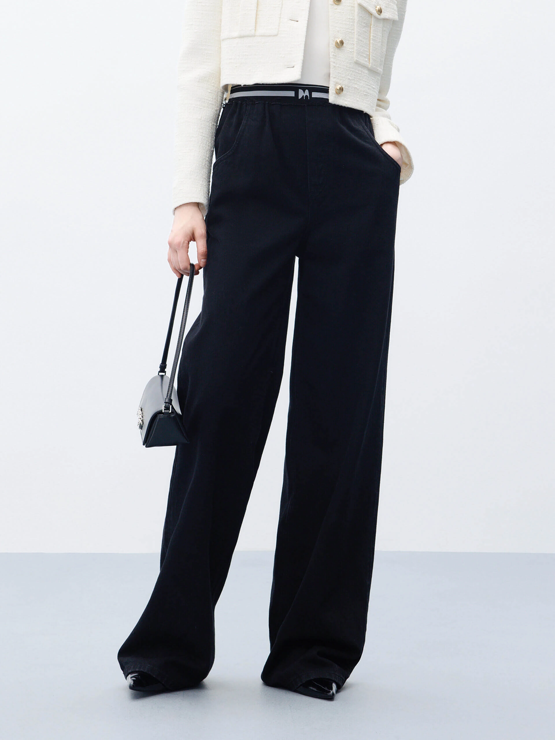 Textured Loose Luxury Relaxed Style Lightweight Durable Elastic Waist Wide Leg Jeans