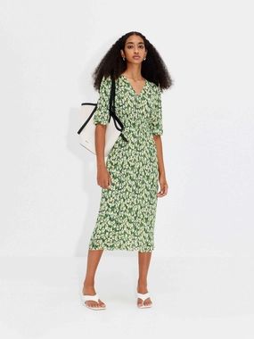 Printed V-neck Midi Dress Slim Silhouette Relaxed Style Wear