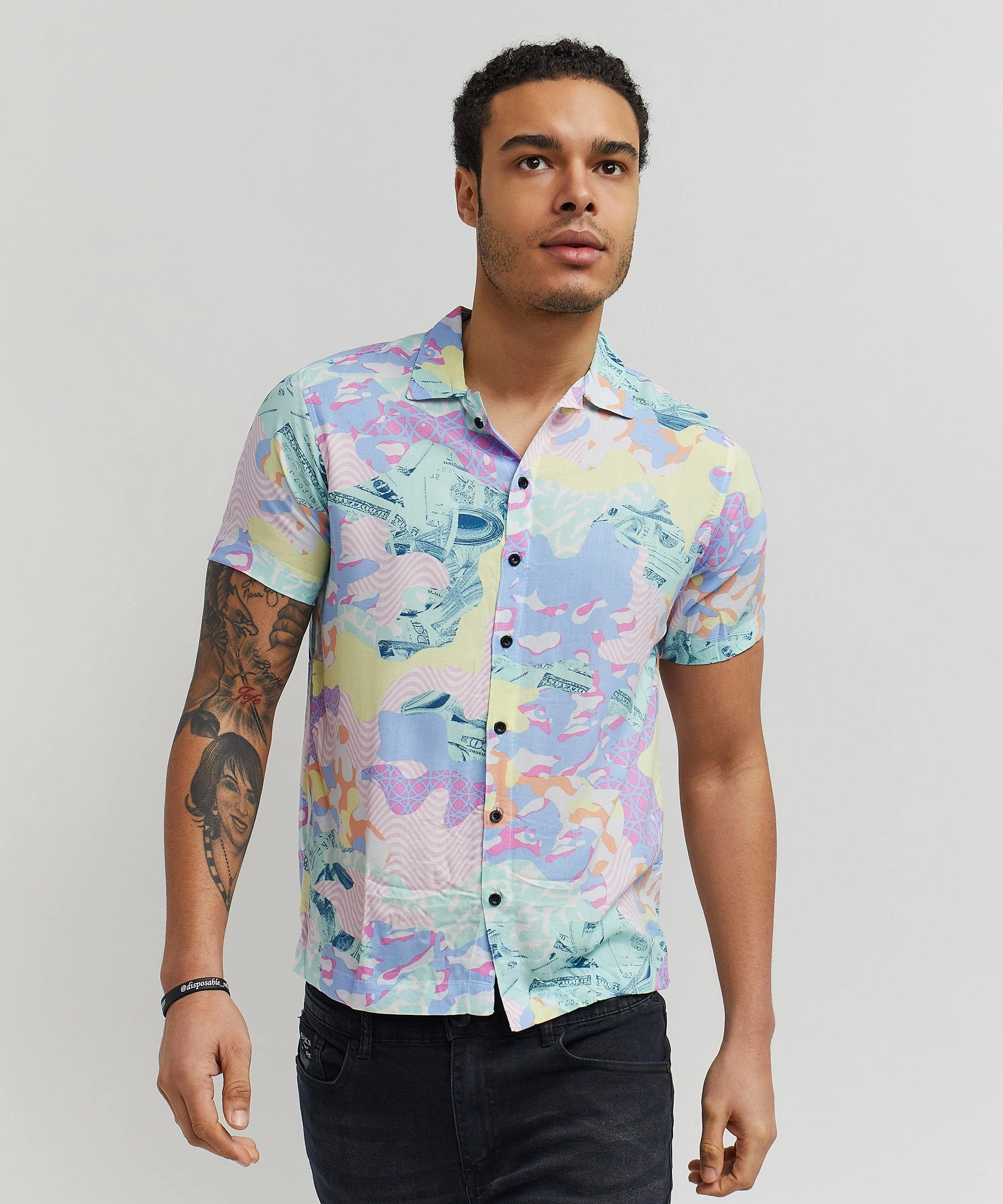 Psychedelic Allover Print Short Sleeve Shirt Scoop Neck Shape Durable Binding