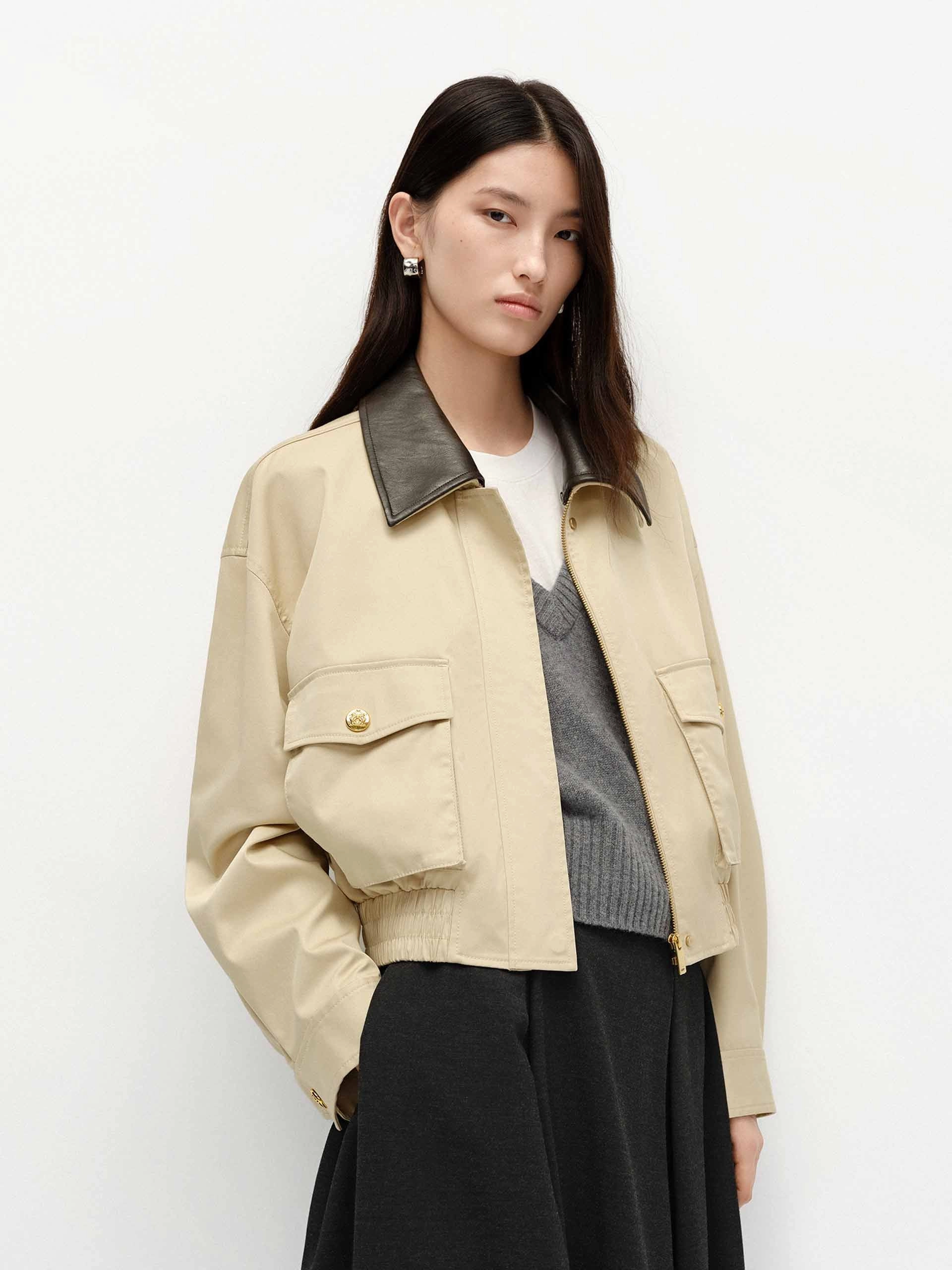 Windbreaker Style PU Collar Short Jacket