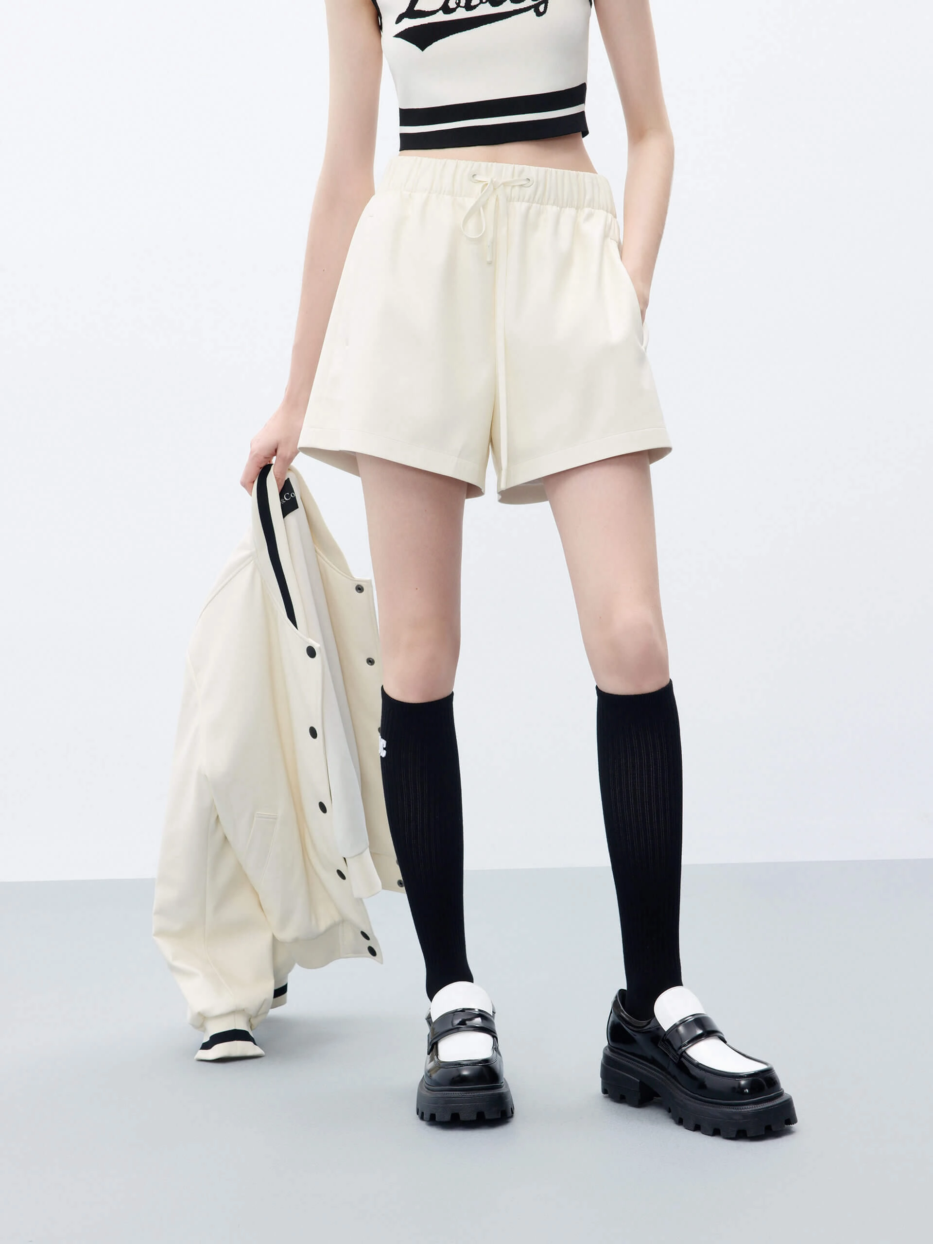 PU Leather Drawstring Shorts Easy Care Fabric