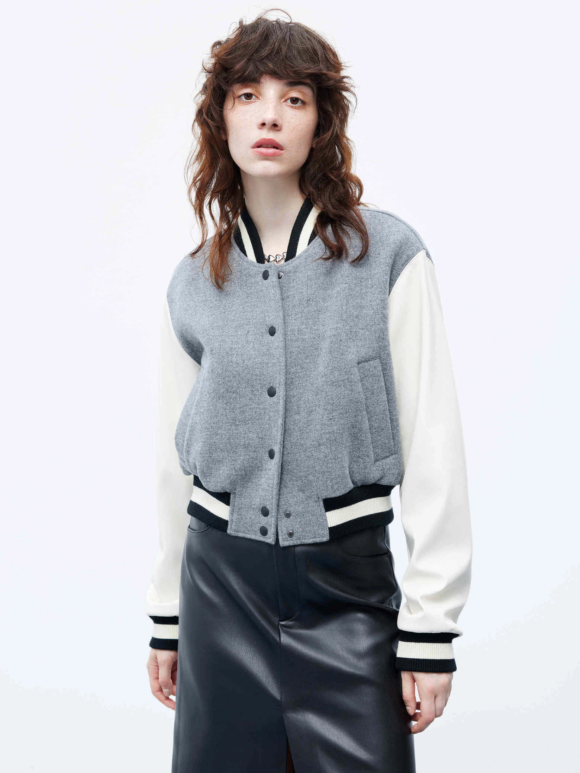 PU Sleeves Bomber Jacket Mid Length Design