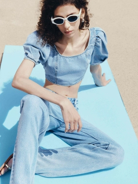 Puff Sleeves Denim Top AbrasionResistantEdging