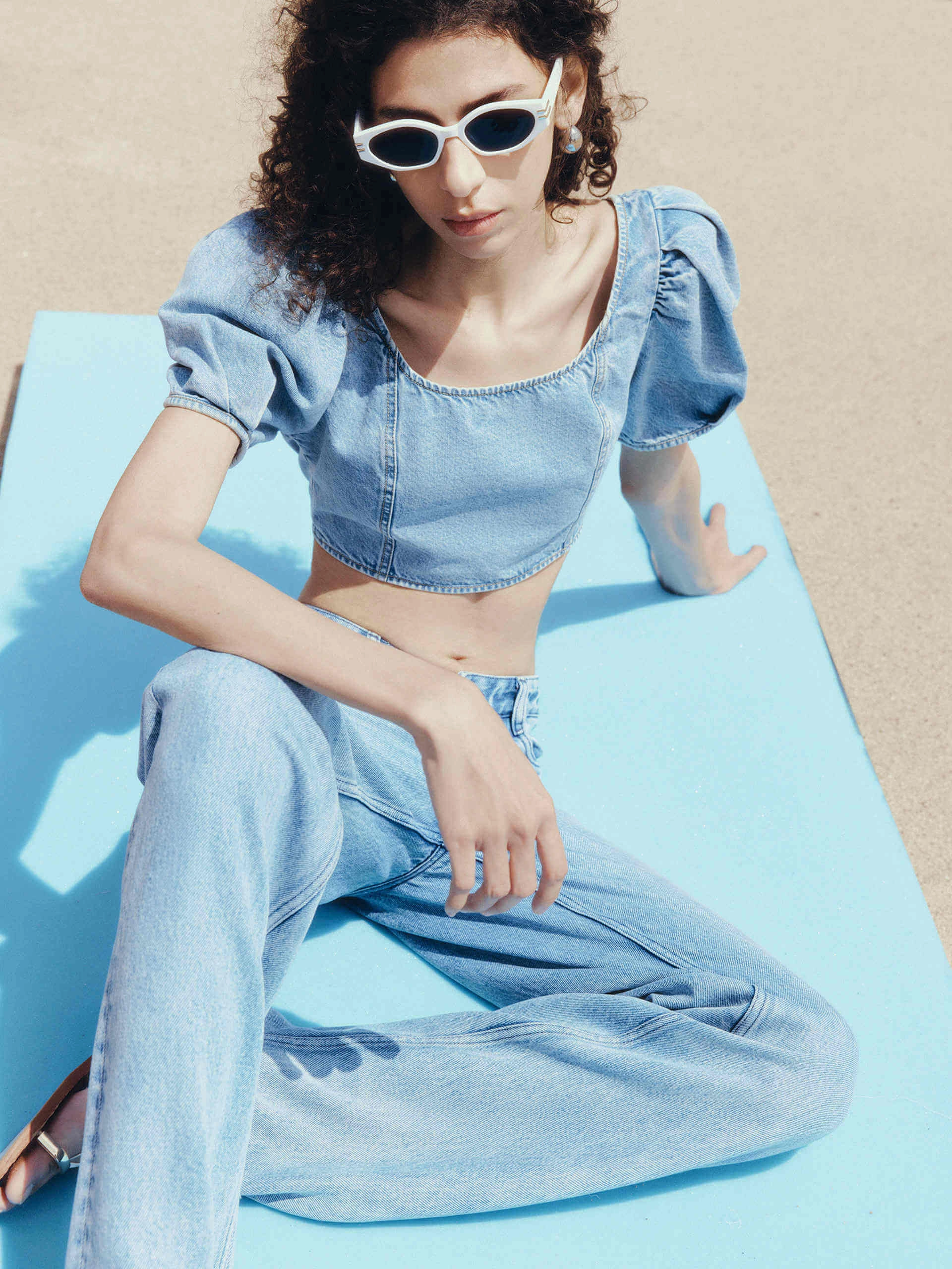 Puff Sleeves Denim Top Moisture Wicking Fabric LayeredStyling