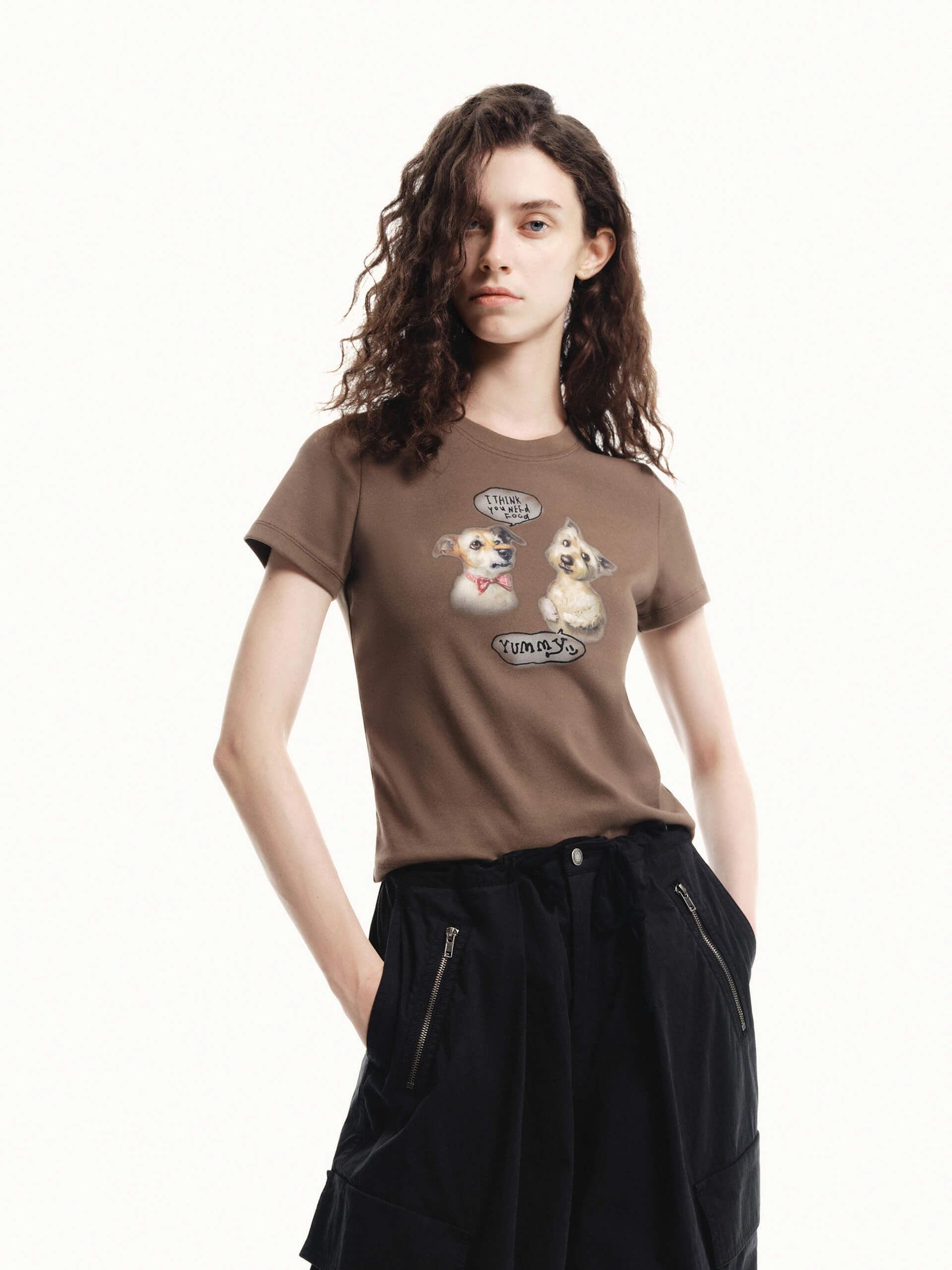 Solid color purity loose fitting Puppy Print Fitted T-shirt