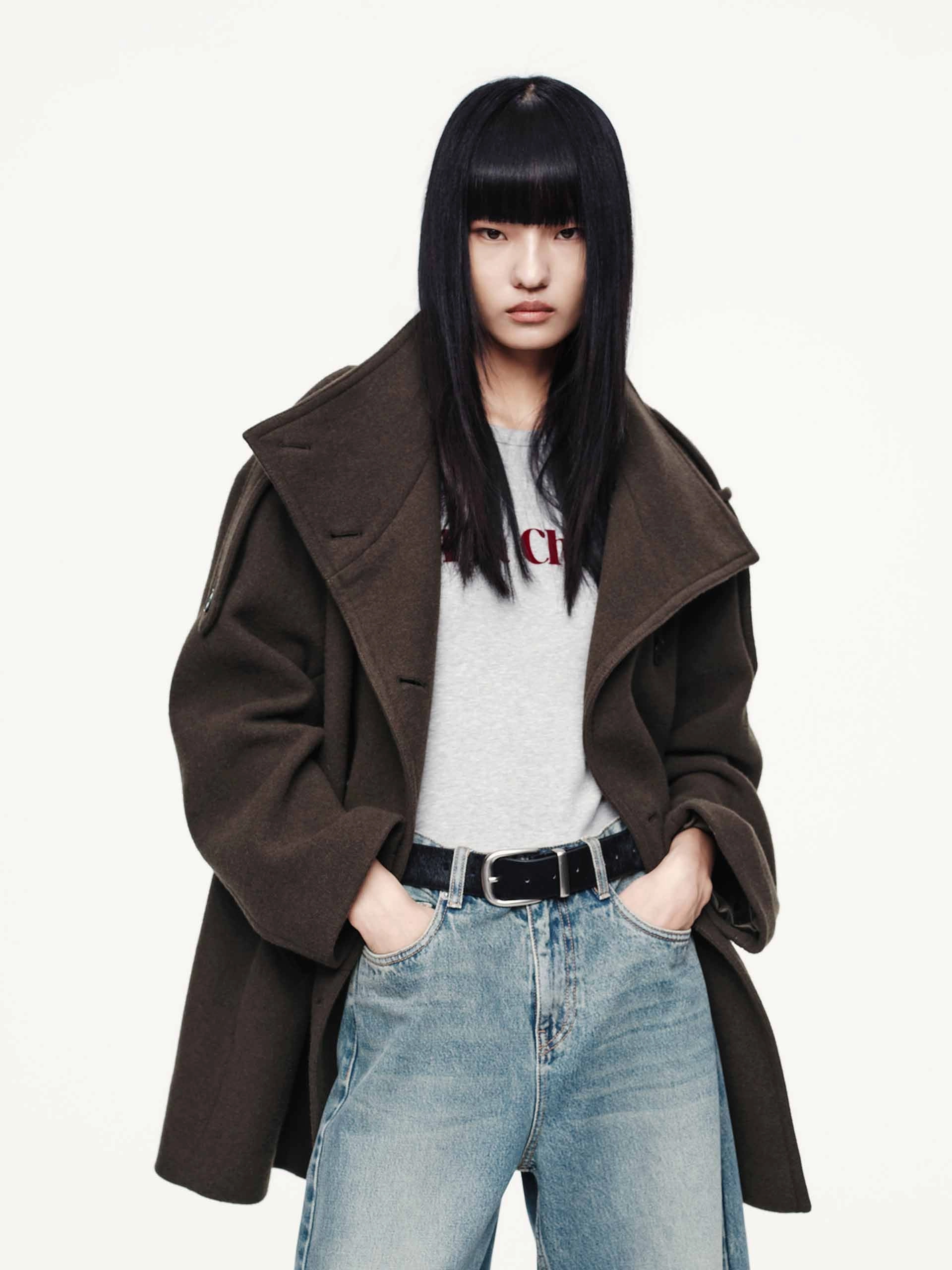 Compression Fit Design Contoured Back Panel Double Breasted Wool Blend Coat