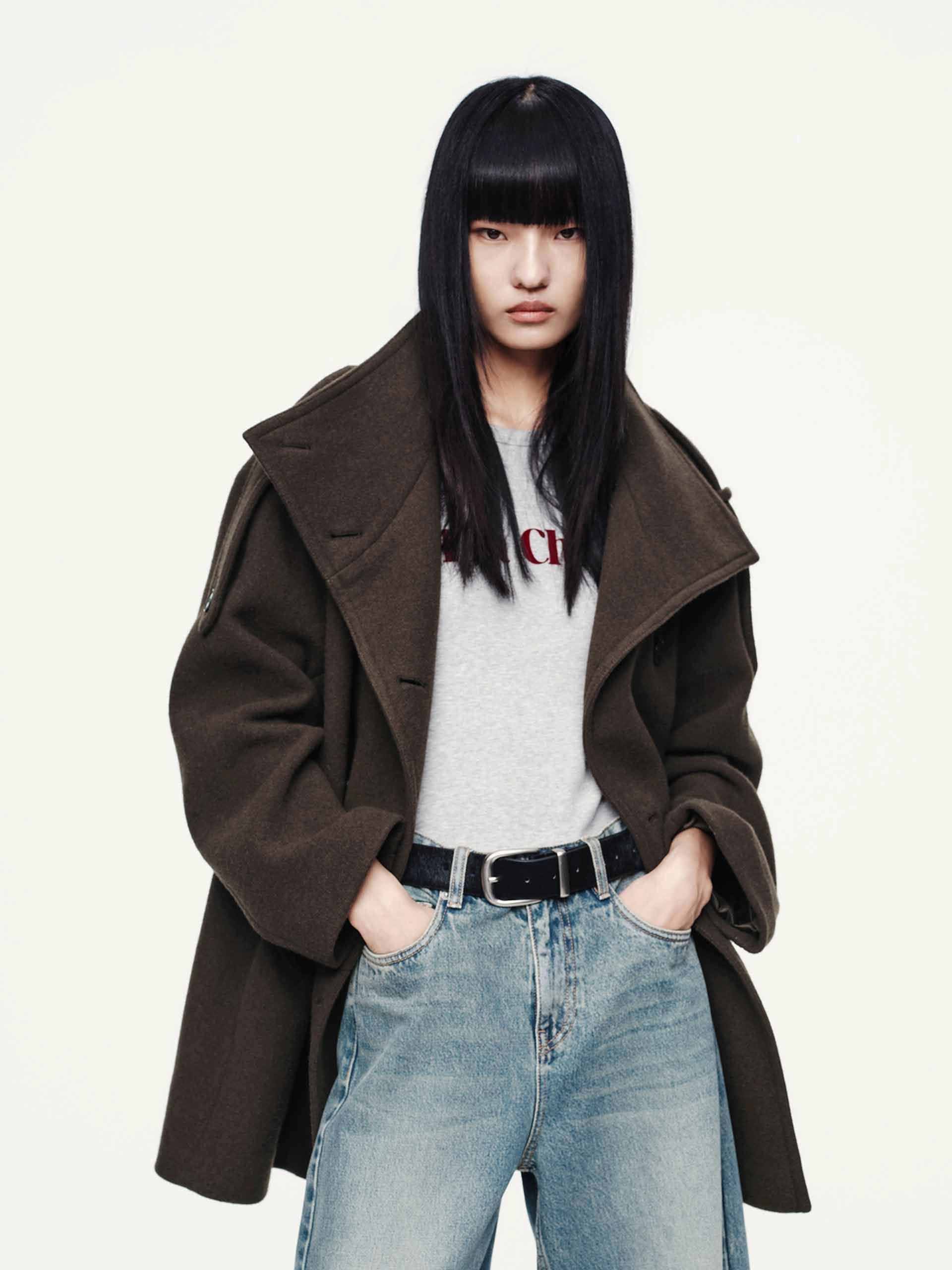 Double Breasted Wool Blend Coat Double layer fabric