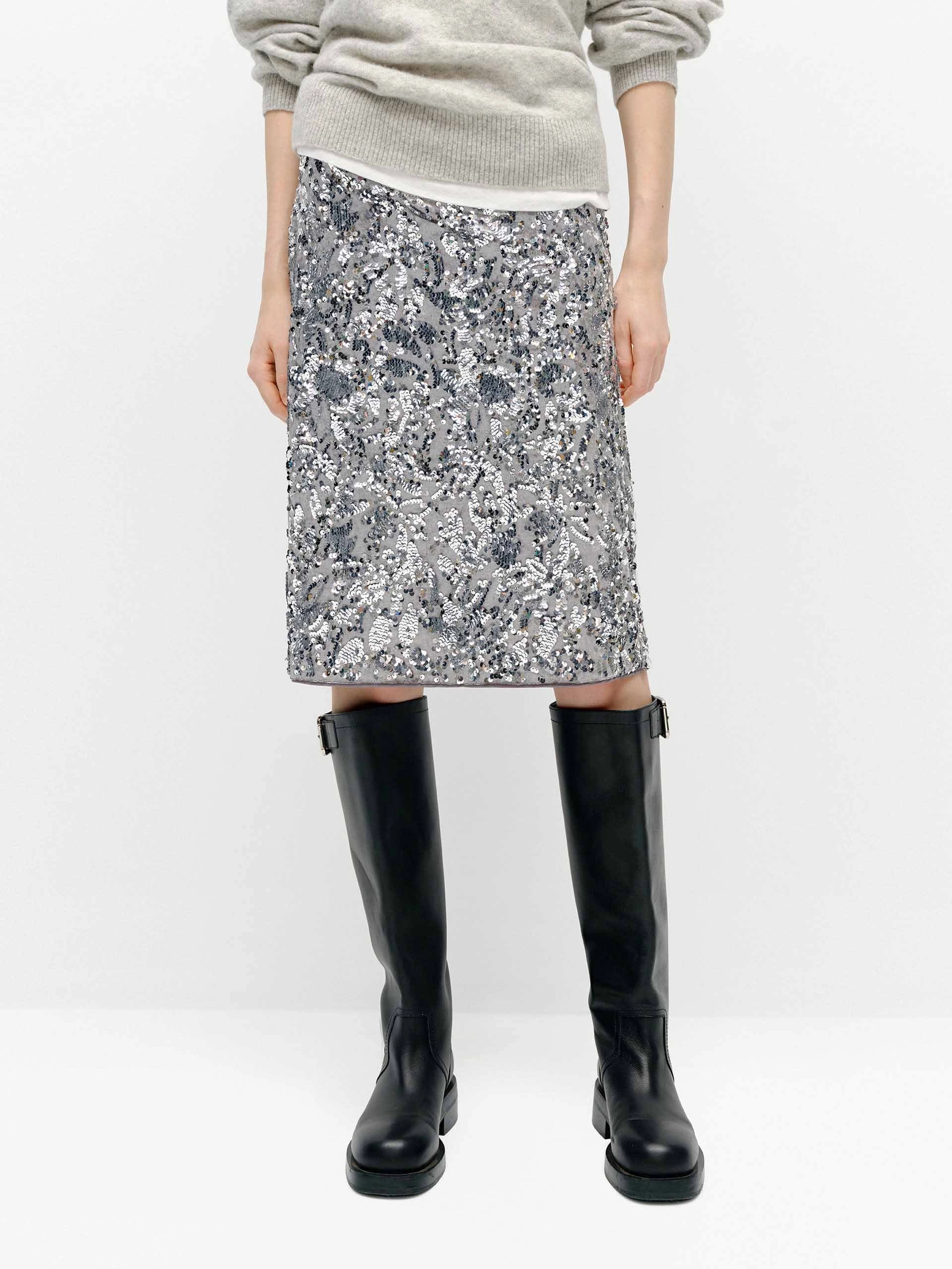 Straight Sequins Skirt HiddenPockets Metallic accents
