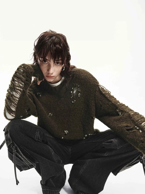 Biodegradable Fiber Blend Crystal Detail Distressed Sweater