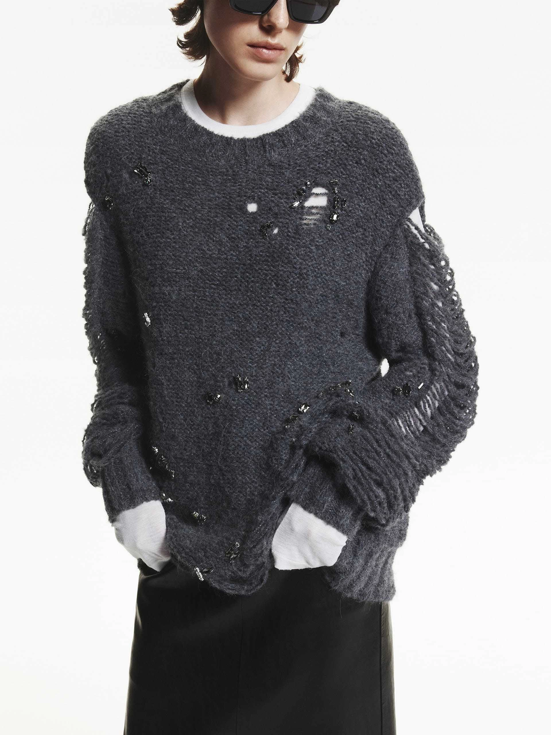 Crystal Detail Distressed Sweater Wrinkle Free Weave MultiPocket Configuration