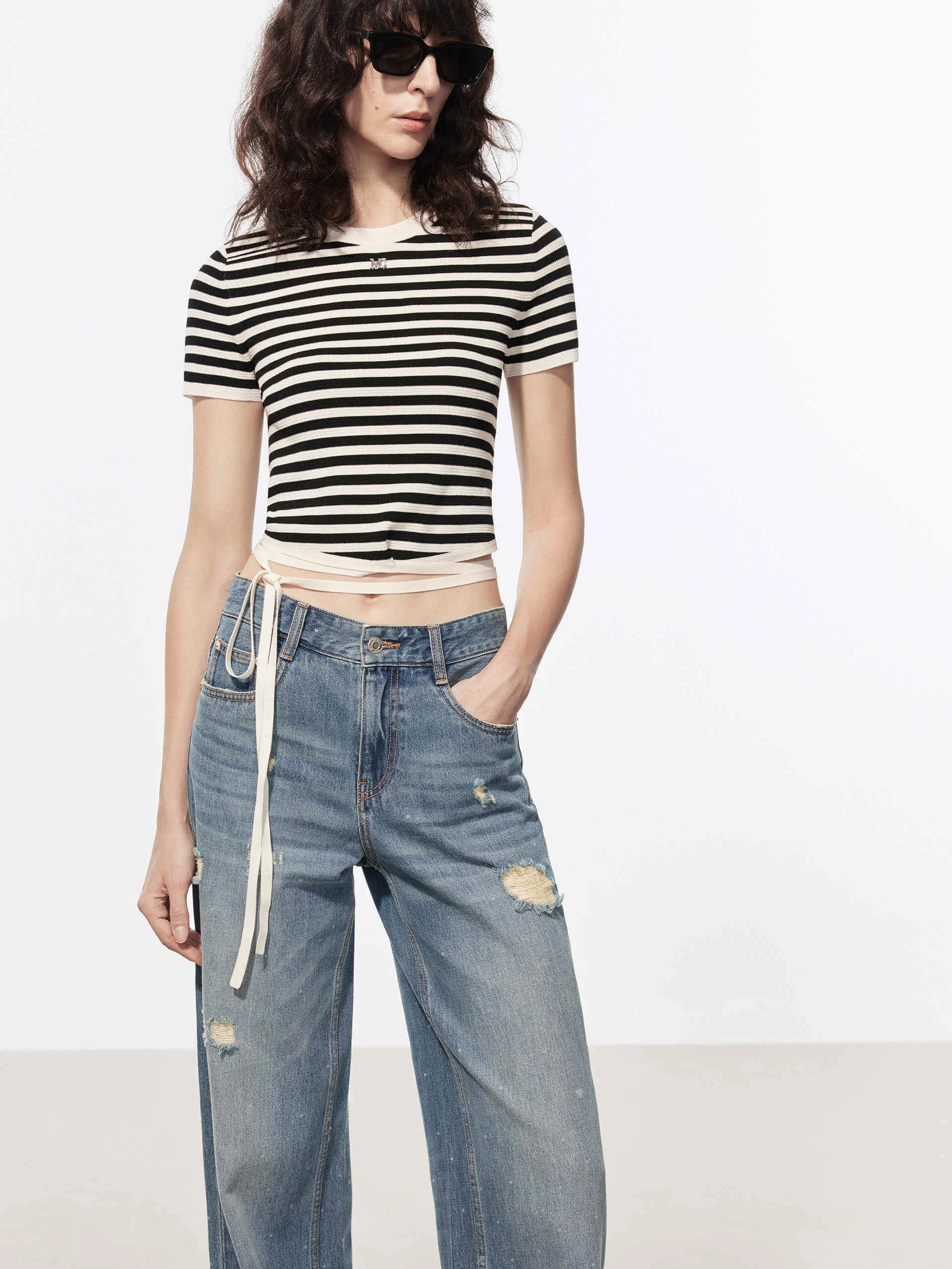 Wrinkle resistant fabric Striped Crewneck Top