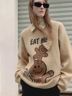 Adaptive Waistband Loose Cartoon Print Sweater