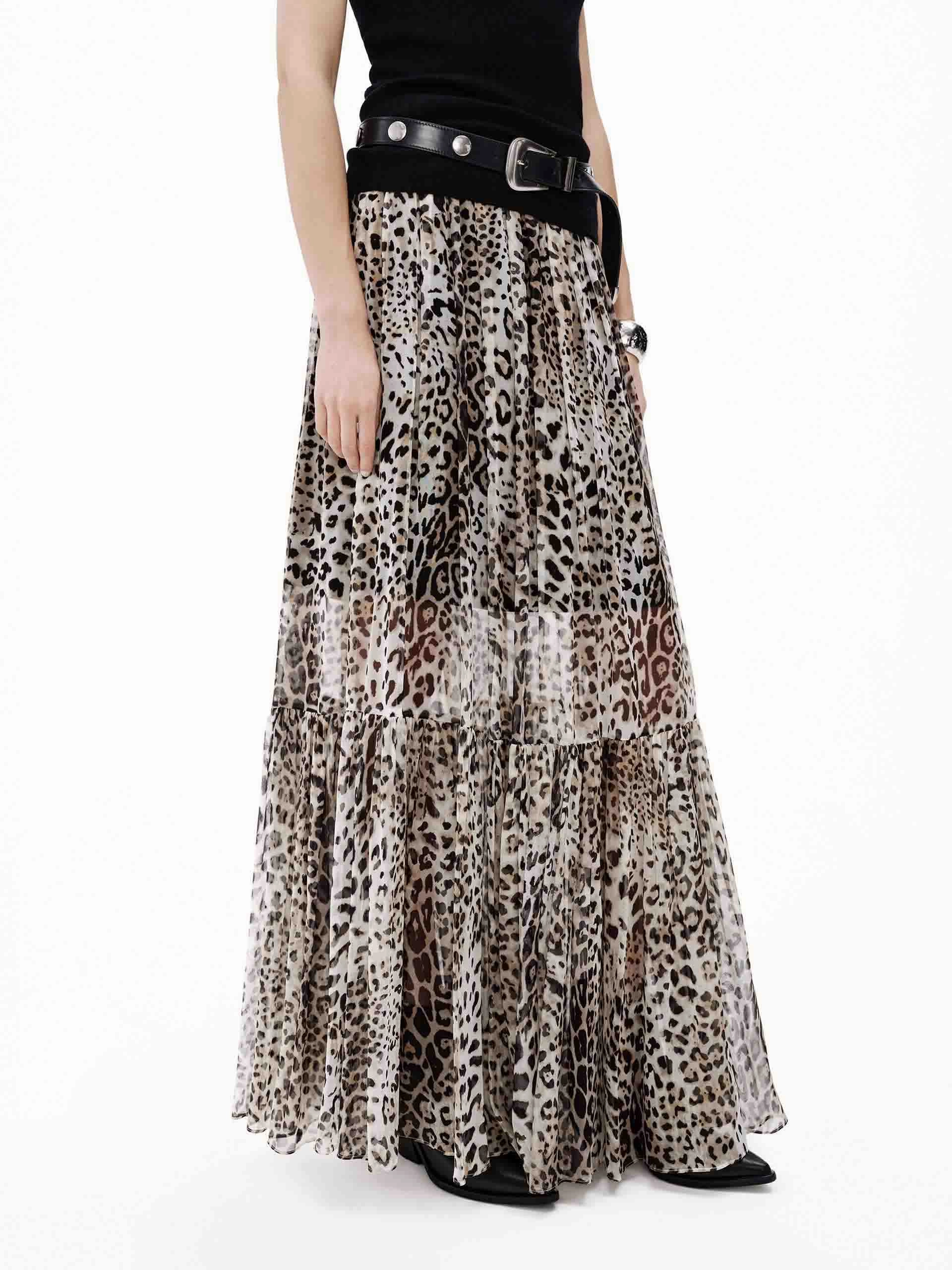 Flowy Leopard Print Skirt Day Adventure Double Layered Hem