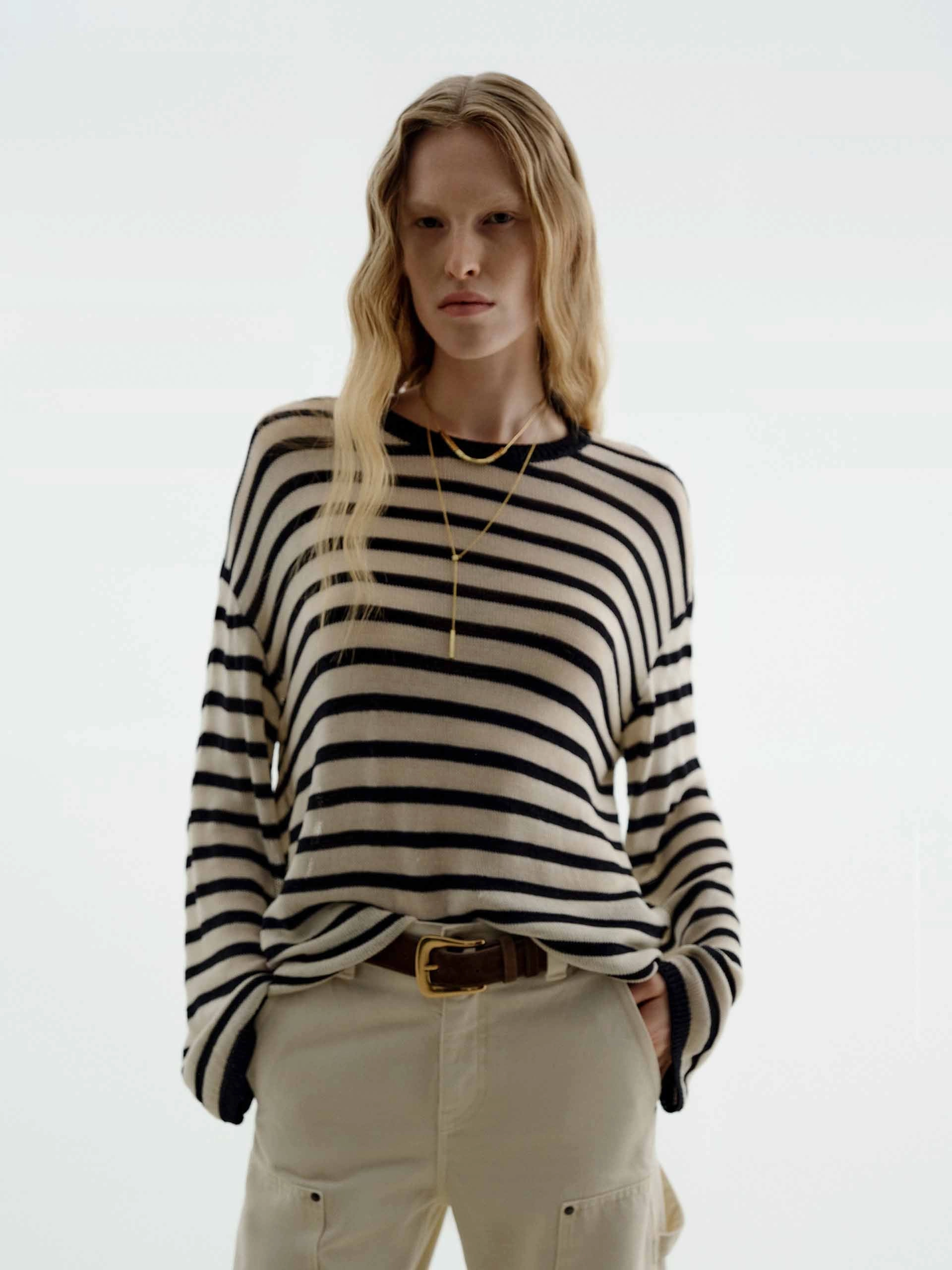 Ultraviolet Protection Fabric Wool Blend Striped Sweater