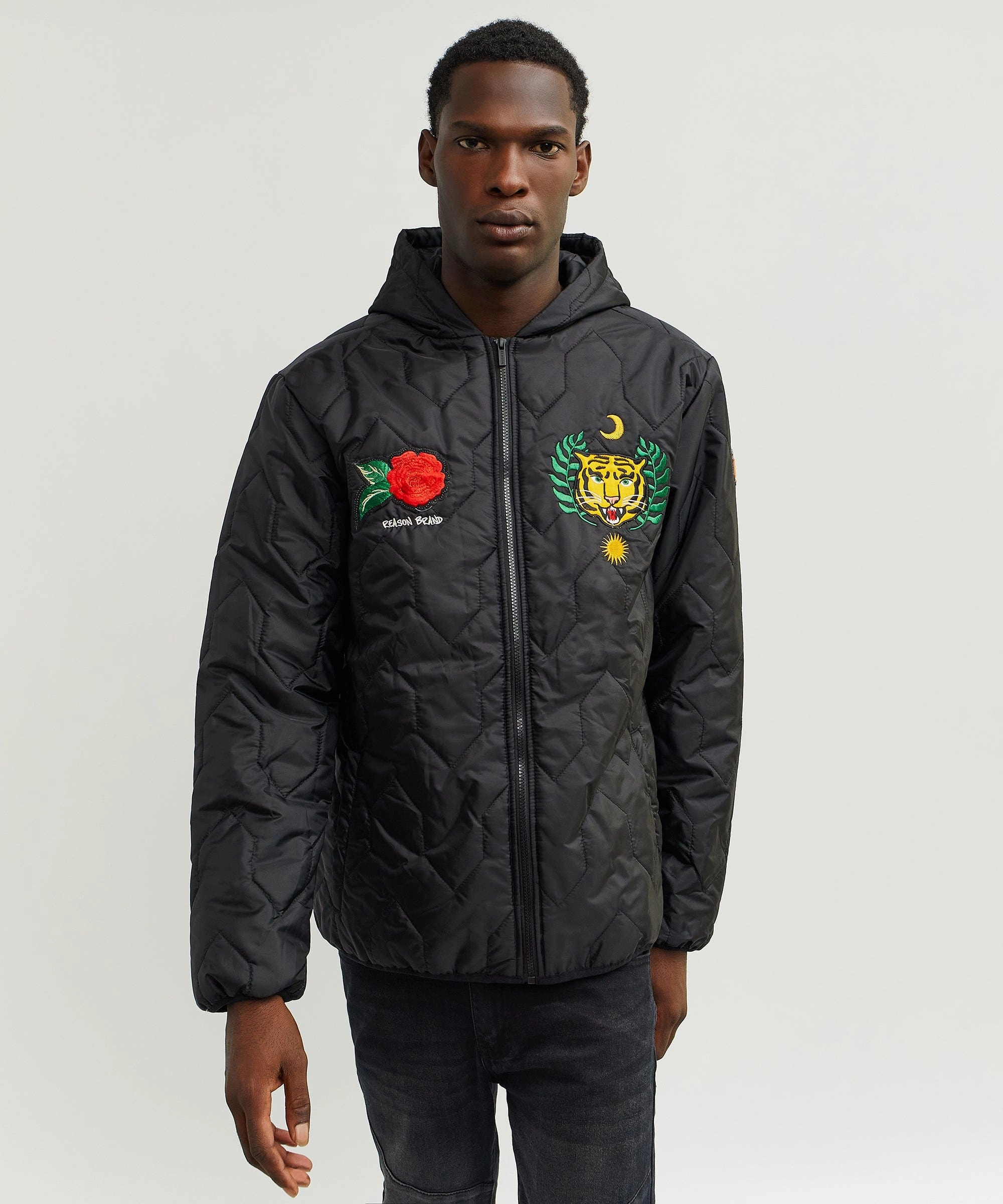 Bonded Fabric Quilted Hooded Jacket - Black