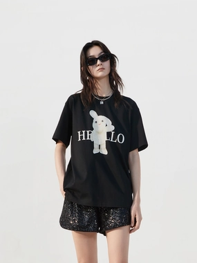DoubleStitchedHem Rabbit Pattern Cotton T-shirt
