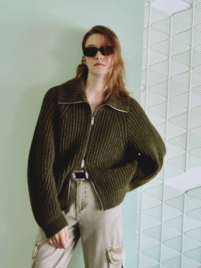 Raglan Sleeves Knitted Cardigan PaddedInsulation MultiPanelDesign