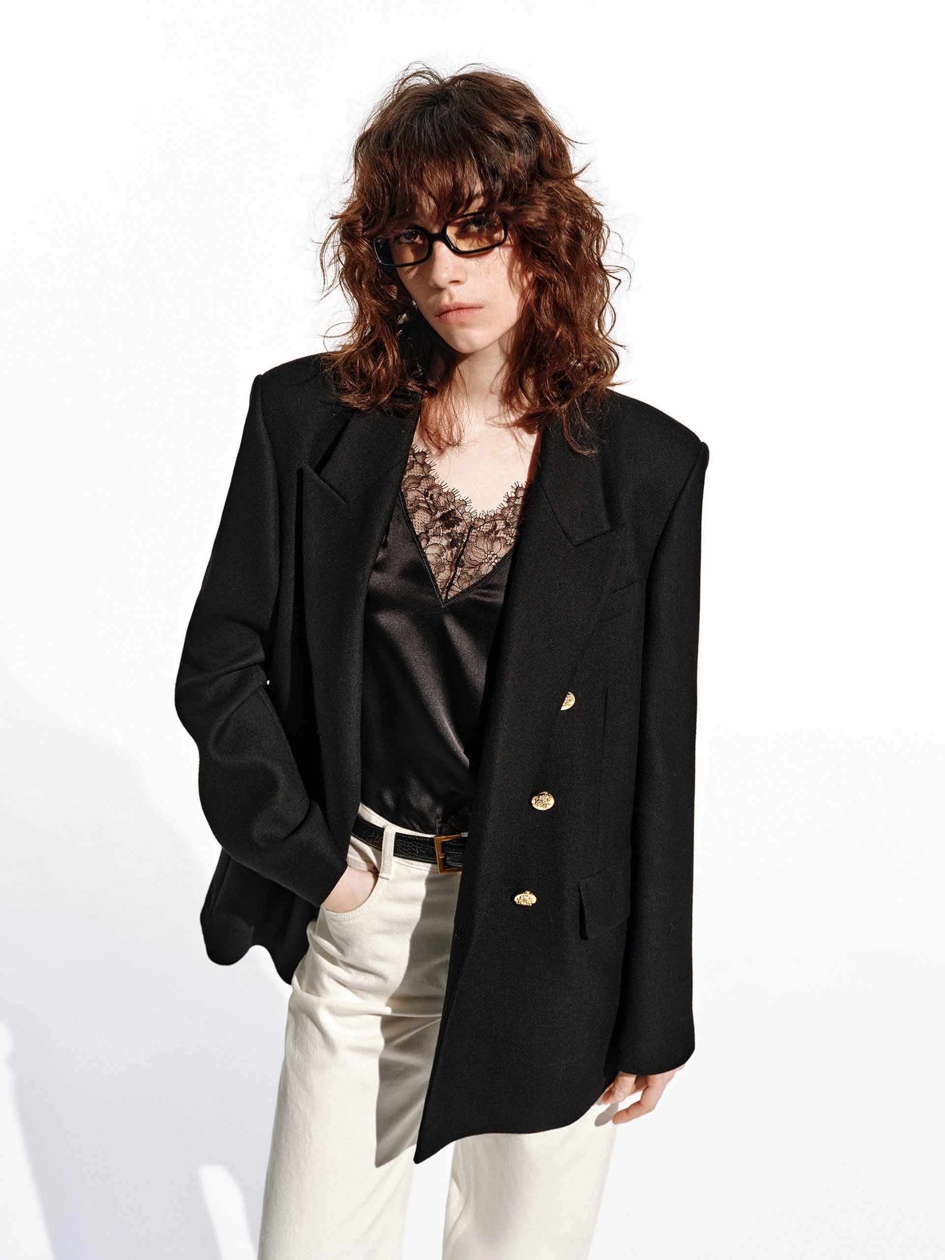 Metallic Button Wool Blazer Hidden Storage Compartments