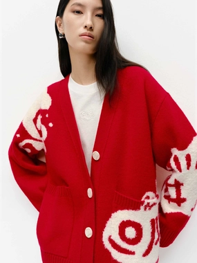 Fish Pattern Knit Cardigan Layered Hem Reinforcement Layered Ply Construction