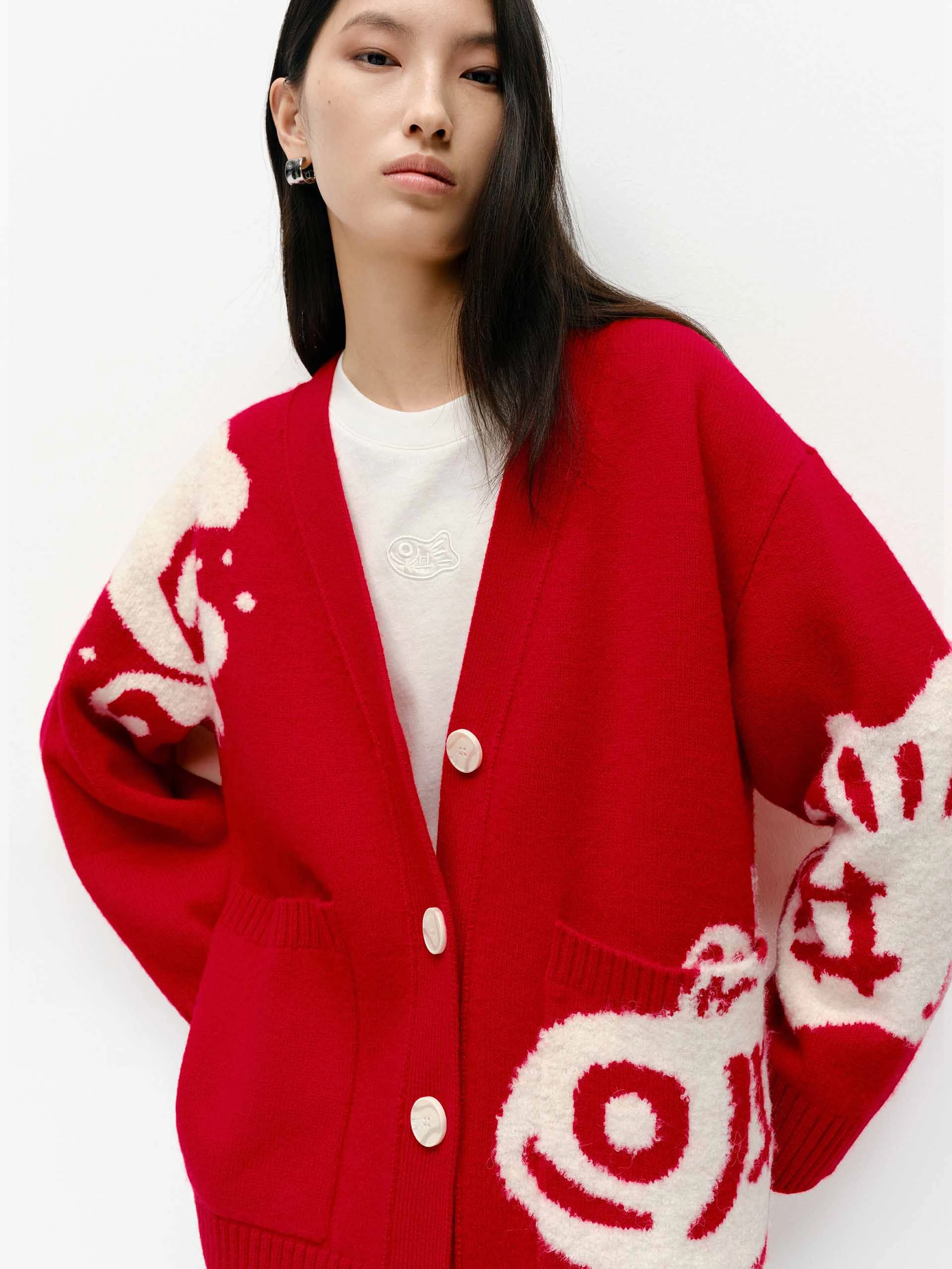 Fish Pattern Knit Cardigan Everyday Comfort Fit Antibacterial Fabric