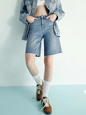 Raw Hem Midi Denim Shorts Compression Support Lining