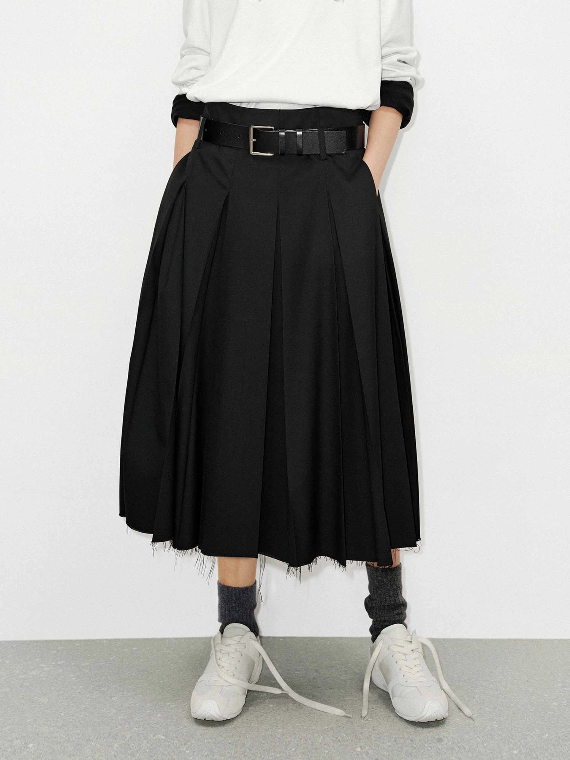 Raw Hem Pleated Skirt Simple Fit Non Slip Waist Grip